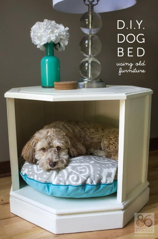 DIY Dog Beds - Upcycled Side Table DIY Dog Bed - Projects and Ideas for Large, Medium and Small Dogs. Cute and Easy No Sew Crafts for Your Pets. Pallet, Crate, PVC and End Table Dog Bed Tutorials #pets #diypet #dogs #diyideas