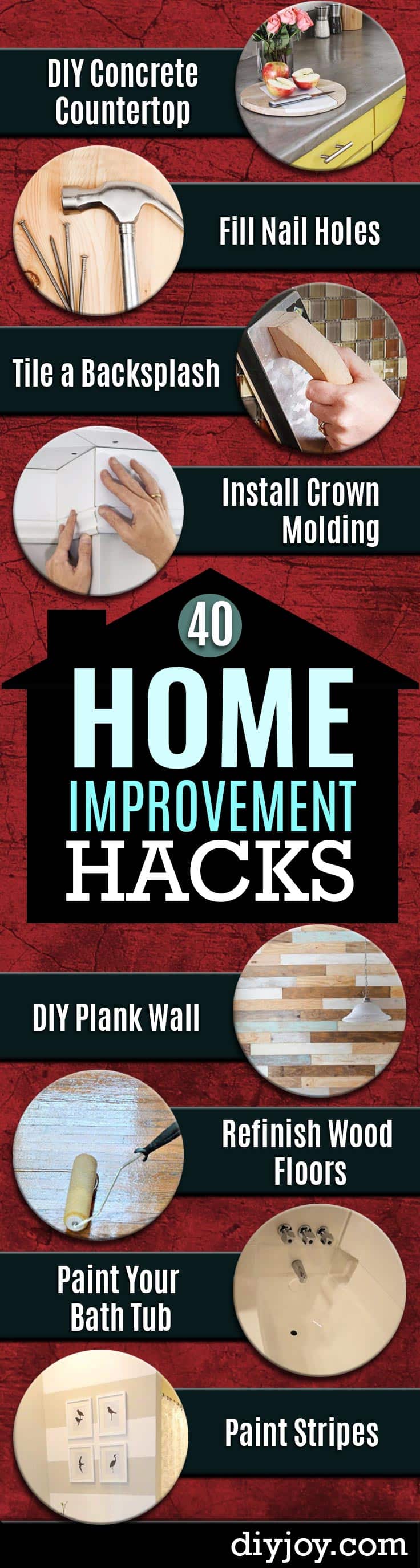 Home Improvement Hacks. Remodeling Ideas and DIY Home Improvement Made Easy With the Clever, Easy Renovation Ideas. Kitchen, Bathroom, Garage. Walls, Floors, Baseboards,Tile, Ceilings, Wood and Trim.