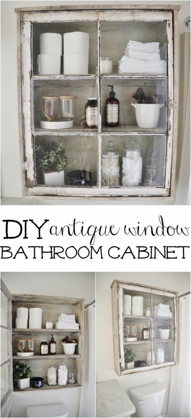 DIY Bathroom Decor Ideas - DIY Antique Window Bathroom Cabinet - Cool Do It Yourself Bath Ideas on A Budget, Rustic Bathroom Fixtures, Creative Wall Art, Rugs mason jar idea bath diy