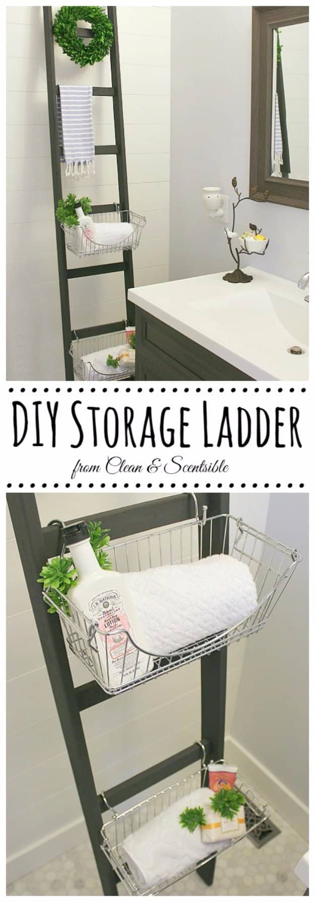 DIY Bathroom Decor Ideas - DIY Bathroom Storage Ladder - Cool Do It Yourself Bath Ideas on A Budget, Rustic Bathroom Fixtures, Creative Wall Art, Rugs mason jar idea bath diy