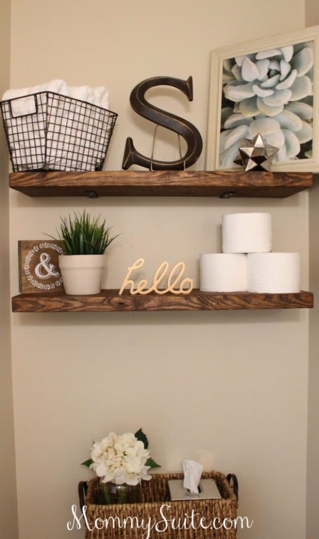 DIY Bathroom Decor Ideas - DIY Faux Floating Shelves - Cool Do It Yourself Bath Ideas on A Budget, Rustic Bathroom Fixtures, Creative Wall Art, Rugs mason jar idea bath diy