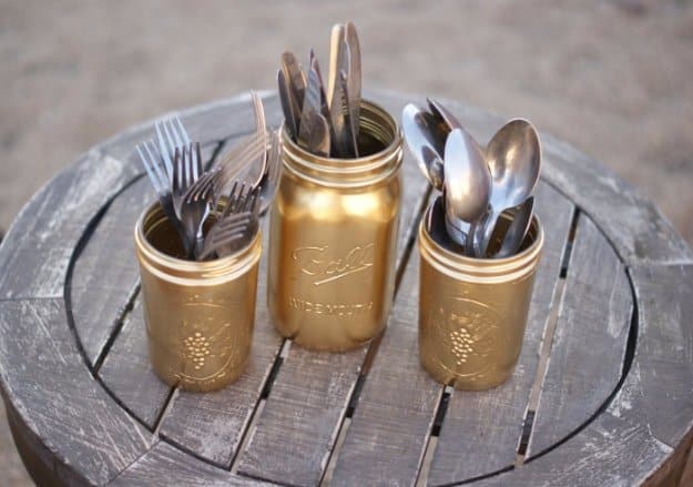 DIY Kitchen Decor Ideas - DIY Gold Painted Silverware Mason Jars - Creative Furniture Projects, Accessories, Countertop Ideas, Wall Art, Storage, Utensils, Towels and Rustic Furnishings #diyideas #kitchenideass