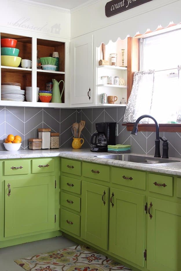 DIY Kitchen Decor Ideas - DIY Herringbone Tile Backsplash - Creative Furniture Projects, Accessories, Countertop Ideas, Wall Art, Storage, Utensils, Towels and Rustic Furnishings http://diyjoy.com/diy-kitchen-decor-ideas