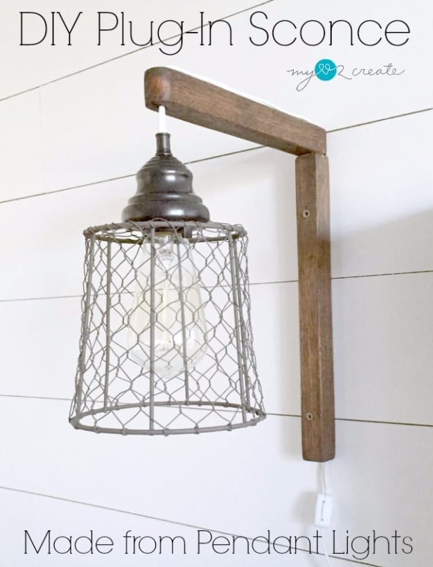 DIY Farmhouse Style Decor Ideas - DIY Plug In Sconce From Pendant Lights - Rustic Ideas for Furniture, Paint Colors, Farm House Decoration for Living Room, Kitchen and Bedroom #diy