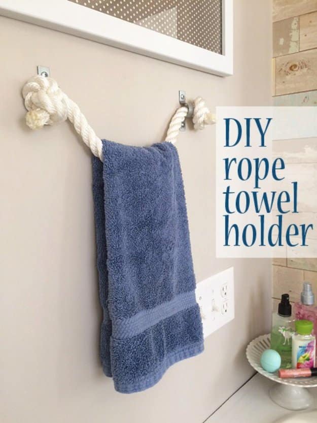 DIY Bathroom Decor Ideas - DIY Rope Towel Holder - Cool Do It Yourself Bath Ideas on A Budget, Rustic Bathroom Fixtures, Creative Wall Art, Rugs mason jar idea bath diy