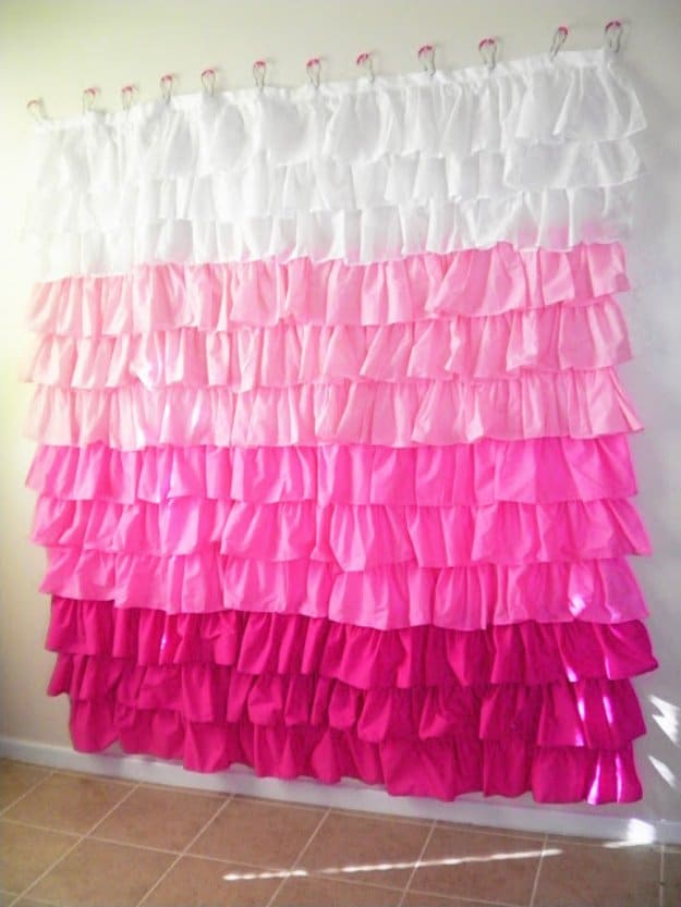 DIY Bathroom Decor Ideas - DIY Ruffled Shower Curtain - Cool Do It Yourself Bath Ideas on A Budget, Rustic Bathroom Fixtures, Creative Wall Art, Rugs mason jar idea bath diy