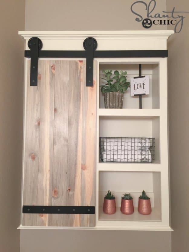 DIY Bathroom Decor Ideas - DIY Sliding Barn Door Bathroom Cabinet - Cool Do It Yourself Bath Ideas on A Budget, Rustic Bathroom Fixtures, Creative Wall Art, Rugs mason jar idea bath diy