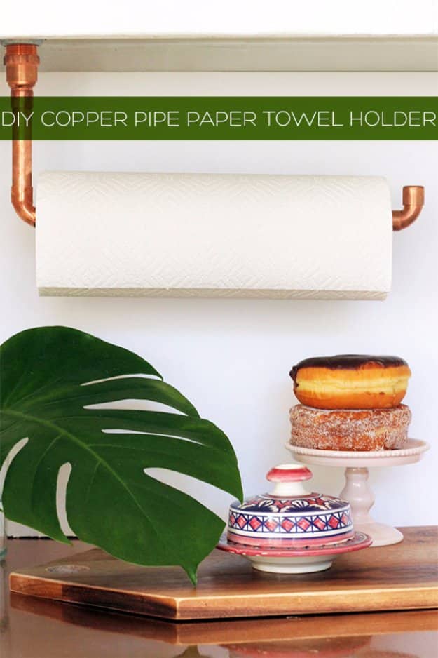 DIY Kitchen Decor Ideas - DIY Suspended Copper Pipe Paper Towel Holder - Creative Furniture Projects, Accessories, Countertop Ideas, Wall Art, Storage, Utensils, Towels and Rustic Furnishings #diyideas #kitchenideass