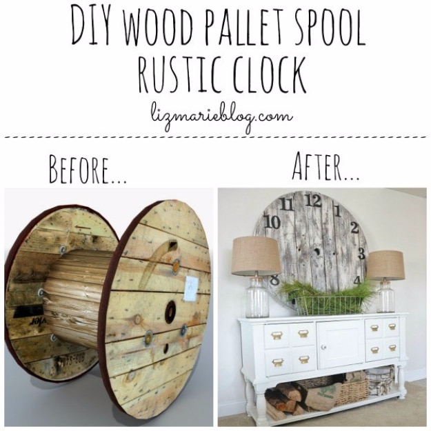 DIY Farmhouse Style Decor Ideas - DIY Wood Pallet Spool Rustic Clock - Rustic Ideas for Furniture, Paint Colors, Farm House Decoration for Living Room, Kitchen and Bedroom #diy