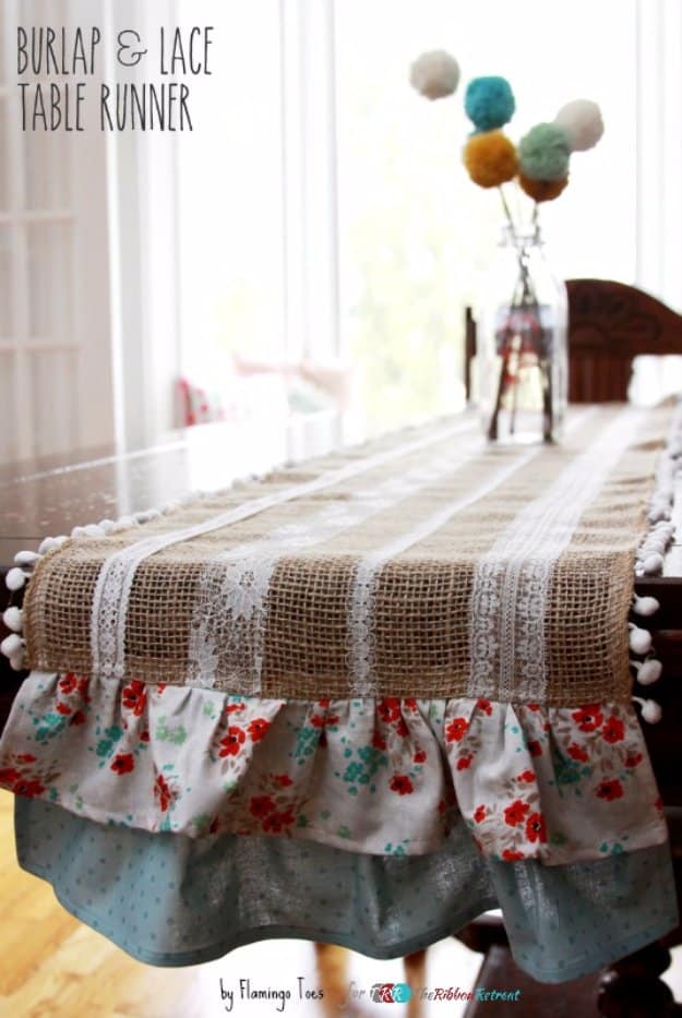 DIY Dining Room Decor Ideas - Easy Burlap Lace Table Runner - Cool DIY Projects for Table, Chairs, Decorations, Wall Art, Bench Plans, Storage, Buffet, Hutch and Lighting Tutorials 