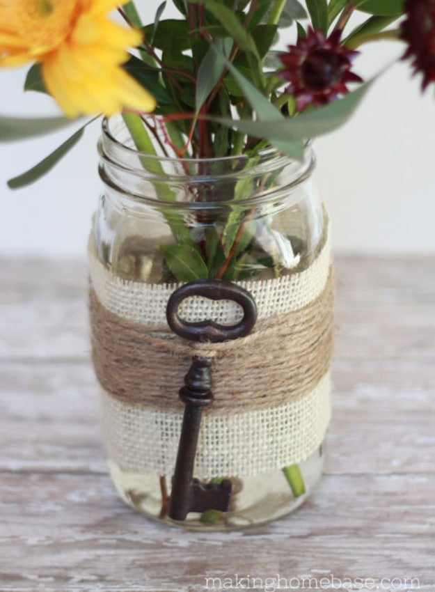 DIY Mason Jar Vases - Embellished Mason Jar Vase - Best Vase Projects and Ideas for Mason Jars - Painted, Wedding, Hanging Flowers, Centerpiece, Rustic Burlap, Ribbon and Twine 