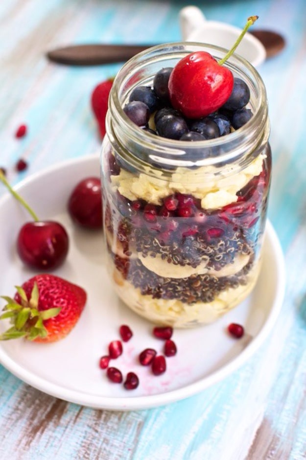 Best Recipes in A Jar - Fruit And Egg Quinoa Breakfast Parfaits - DIY Mason Jar Gifts, Cookie Recipes and Desserts, Canning Ideas, Overnight Oatmeal, How To Make Mason Jar Salad, Healthy Recipes and Printable Labels 