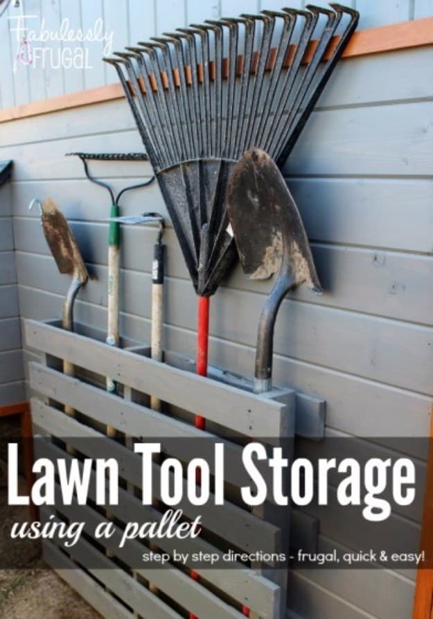 DIY Projects Your Garage Needs -Lawn Tool Storage Using A Pallet - Do It Yourself Garage Makeover Ideas Include Storage, Organization, Shelves, and Project Plans for Cool New Garage Decor #diy #garage #homeimprovement