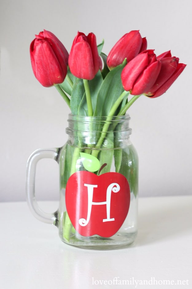 DIY Mason Jar Vases - Monogrammed Mason Jar Vase - Best Vase Projects and Ideas for Mason Jars - Painted, Wedding, Hanging Flowers, Centerpiece, Rustic Burlap, Ribbon and Twine 