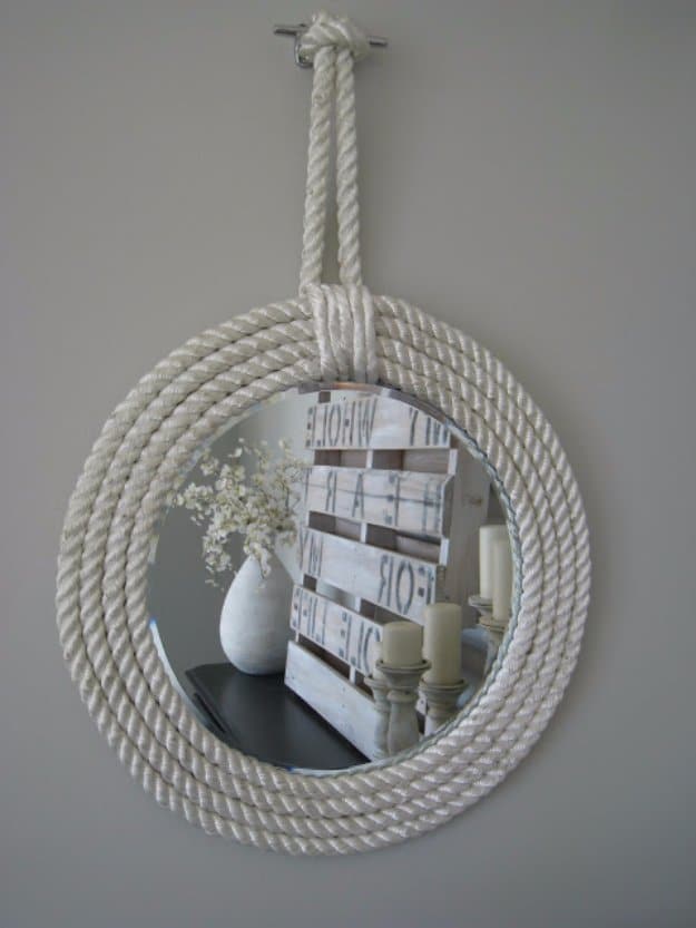 DIY Bathroom Decor Ideas - Nautical Rope Mirror - Cool Do It Yourself Bath Ideas on A Budget, Rustic Bathroom Fixtures, Creative Wall Art, Rugs mason jar idea bath diy