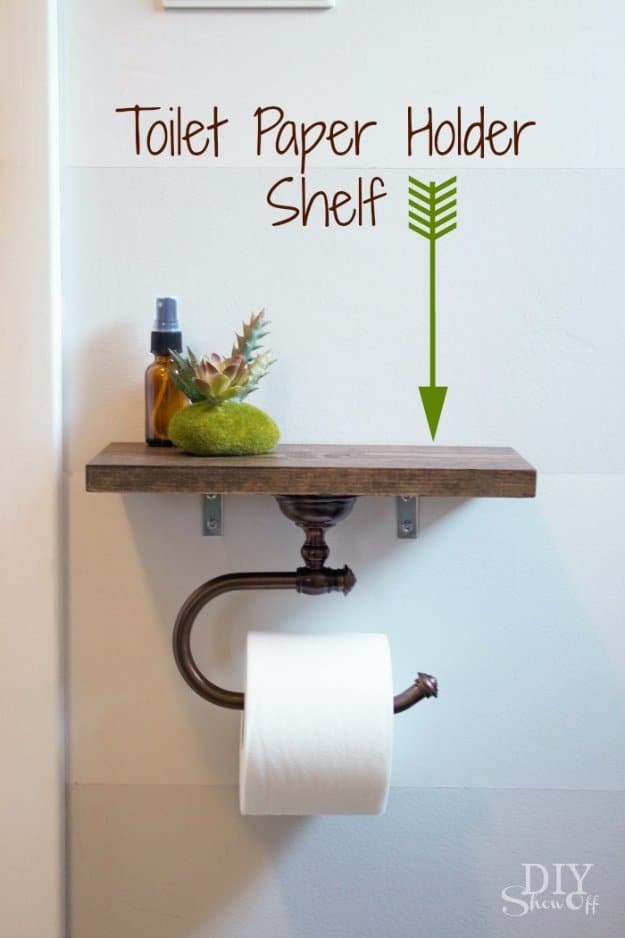 DIY Bathroom Decor Ideas - Toilet Paper Holder With Shelf - Cool Do It Yourself Bath Ideas on A Budget, Rustic Bathroom Fixtures, Creative Wall Art, Rugs mason jar idea bath diy