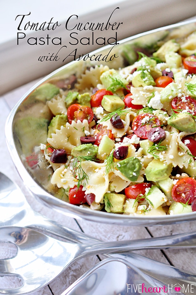 Best Fourth of July Food and Drink Ideas - Tomato Cucumber Pasta Salad with Avocado - BBQ on the 4th with these Desserts, Recipes and Ideas for Healthy Appetizers, Party Trays, Easy Meals for a Crowd and Fun Drink Ideas 