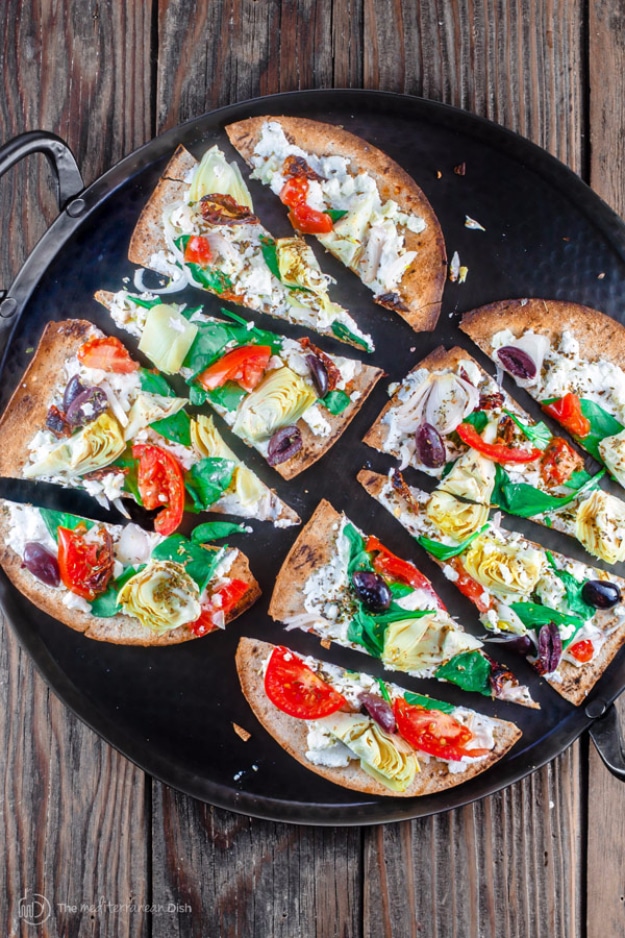 Last Minute Party Foods Recipes - 15 Minute Artichoke Garden Flatbread Pizza - Easy Appetizers, Simple Snacks, Ideas for 4th of July Parties, Cookouts and BBQ With Friends. Quick and Cheap Food Ideas for a Crowd#appetizers #recipes #party