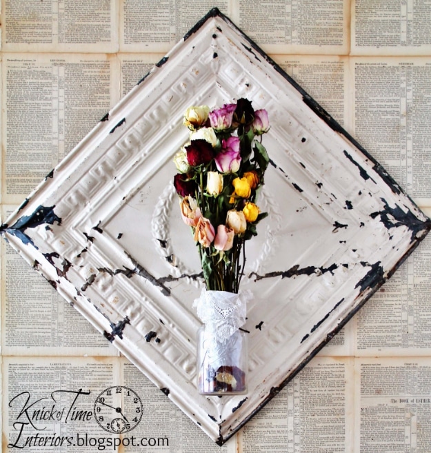  DIY Farmhouse Style Decor Ideas - Antique Ceiling Tile Dried Flower Display - Creative Rustic Ideas for Cool Furniture, Paint Colors, Farm House Decoration for Living Room, Kitchen and Bedroom #diy #diydecor #farmhouse #countrycrafts