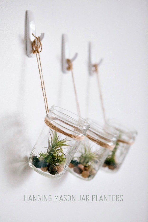 Creative DIY Planters - DIY Hanging Mason Jar Planter with Air Plants - Best Do It Yourself Planters and Crafts You Can Make For Your Plants - Indoor and Outdoor Gardening Ideas - Cool Modern and Rustic Home and Room Decor for Planting With Step by Step Tutorials #gardening #diyplanters #diyhomedecor