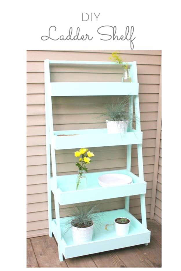 DIY Shelves and Do It Yourself Shelving Ideas - DIY Ladder Shelf - Easy Step by Step Shelf Projects for Bedroom, Bathroom, Closet, Wall, Kitchen and Apartment. Floating Units, Rustic Pallet Looks and Simple Storage Plans #diy #diydecor #homeimprovement #shelves