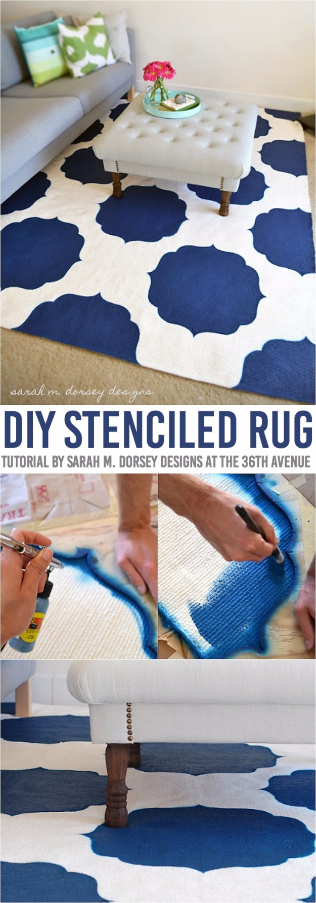 Easy DIY Rugs and Handmade Rug Making Project Ideas - DIY Stenciled Morrocan Rug - Simple Home Decor for Your Floors, Fabric, Area, Painting Ideas, Rag Rugs, No Sew, Dropcloth and Braided Rug Tutorials 