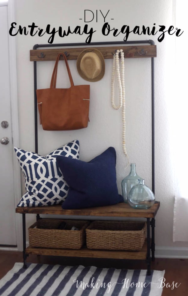 DIY Ideas for Your Entry - DIY Wood And Pipe Entryway Stand - Cool and Creative Home Decor or Entryway and Hall. Modern, Rustic and Classic Decor on a Budget. Impress House Guests and Fall in Love With These DIY Furniture and Wall Art Ideas #diydecor #diyhomedecor