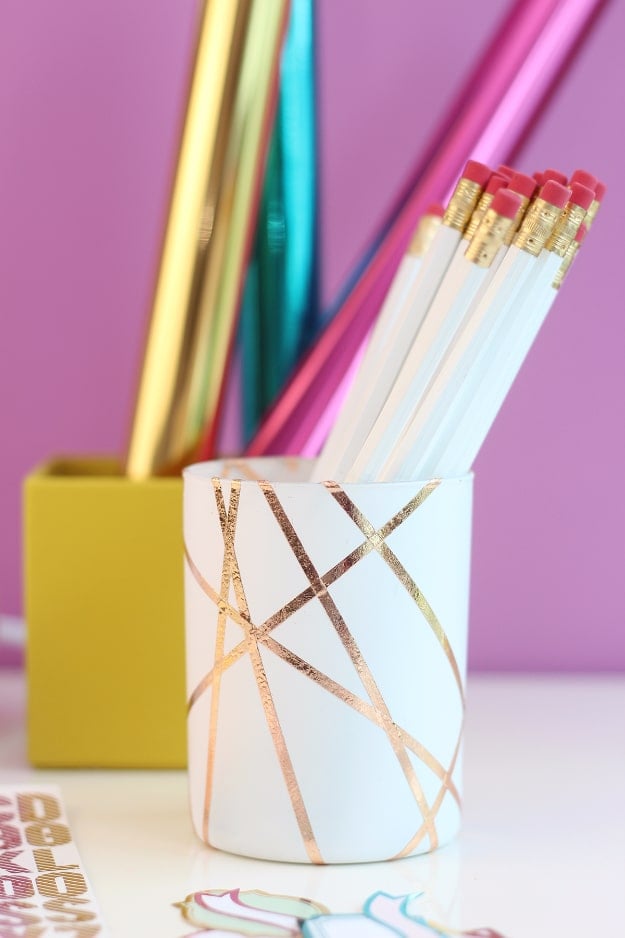 Cheap Crafts To Make and Sell - Easy Rose Gold Foiled Pencil Cup - Inexpensive Ideas for DIY Craft Projects You Can Make and Sell On Etsy, at Craft Fairs, Online and in Stores. Quick and Cheap DIY Ideas that Adults and Even Teens Can Make on A Budget #diy #crafts #craftstosell #cheapcrafts