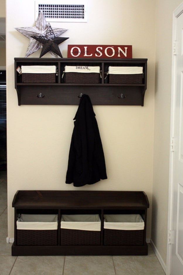 DIY Ideas for Your Entry - Entry Storage Bench Shelf - Cool and Creative Home Decor or Entryway and Hall. Modern, Rustic and Classic Decor on a Budget. Impress House Guests and Fall in Love With These DIY Furniture and Wall Art Ideas #diydecor #diyhomedecor