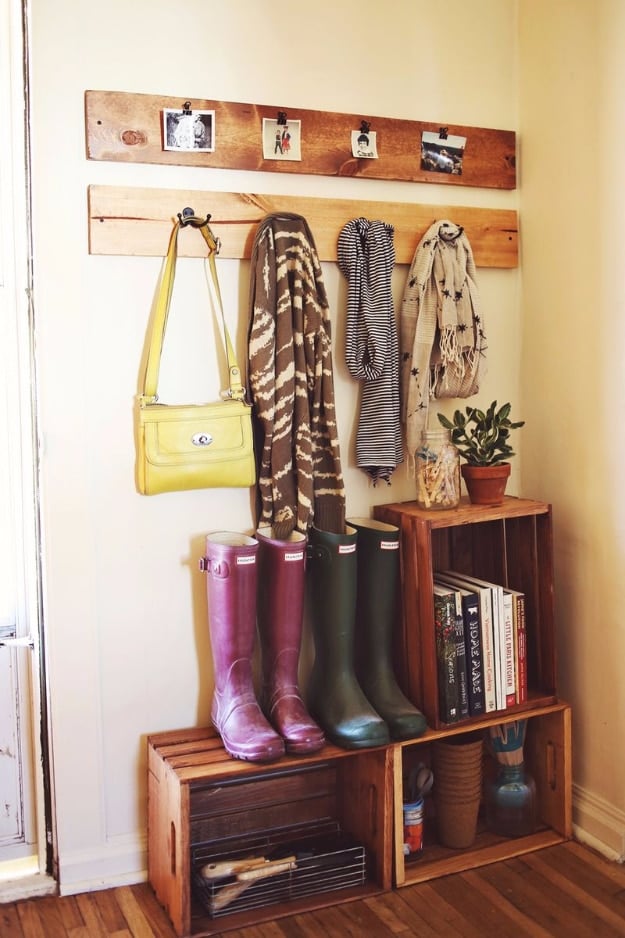 DIY Ideas for Your Entry - Entryway Pallets and Crates Organizer - Cool and Creative Home Decor or Entryway and Hall. Modern, Rustic and Classic Decor on a Budget. Impress House Guests and Fall in Love With These DIY Furniture and Wall Art Ideas #diydecor #diyhomedecor