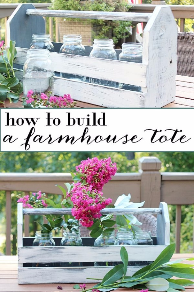  DIY Farmhouse Style Decor Ideas - Farmhouse Wood Tote Centerpiece - Creative Rustic Ideas for Cool Furniture, Paint Colors, Farm House Decoration for Living Room, Kitchen and Bedroom #diy #diydecor #farmhouse #countrycrafts