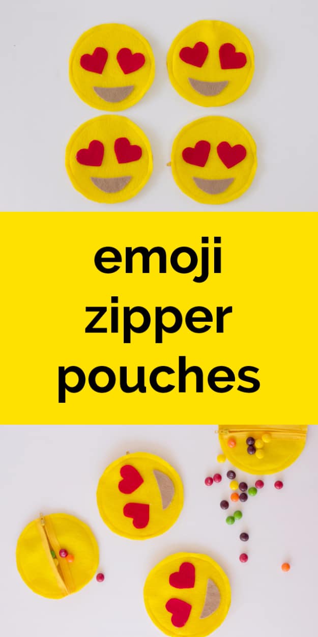 DIY Projects for Teenagers - Heart Eyes Emoji Zipper Pouches - Cool Teen Crafts Ideas for Bedroom Decor, Gifts, Clothes and Fun Room Organization. Summer and Awesome School Stuff 