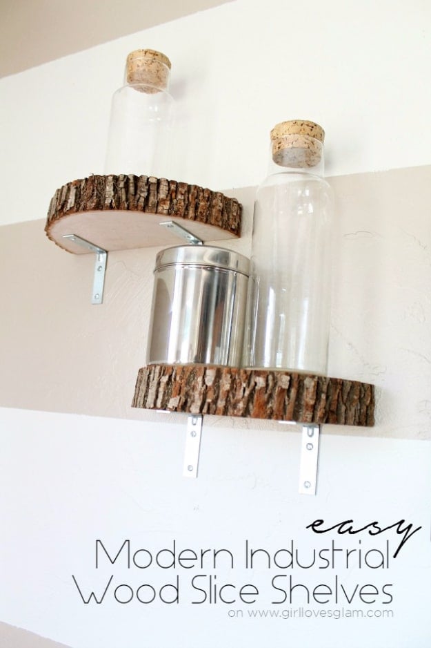 DIY Shelves and Do It Yourself Shelving Ideas - Modern Industrial Wood Slice Shelf - Easy Step by Step Shelf Projects for Bedroom, Bathroom, Closet, Wall, Kitchen and Apartment. Floating Units, Rustic Pallet Looks and Simple Storage Plans #diy #diydecor #homeimprovement #shelves