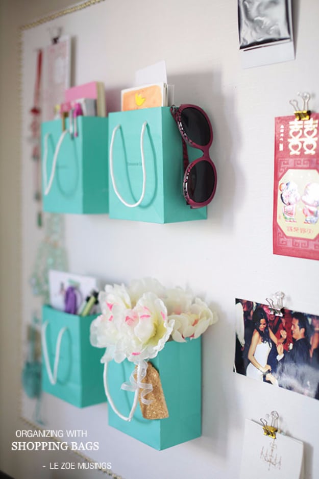 DIY Projects for Teenagers - Shopping Bag Wall Organizer - Cool Teen Crafts Ideas for Bedroom Decor, Gifts, Clothes and Fun Room Organization. Summer and Awesome School Stuff 