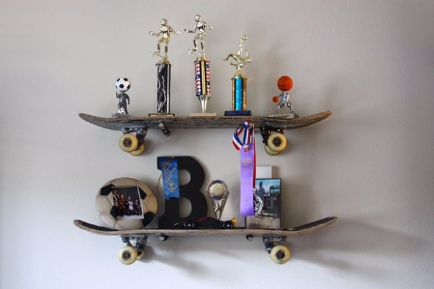 DIY Shelves and Do It Yourself Shelving Ideas - Skateboard Shelves DIY - Easy Step by Step Shelf Projects for Bedroom, Bathroom, Closet, Wall, Kitchen and Apartment. Floating Units, Rustic Pallet Looks and Simple Storage Plans #diy #diydecor #homeimprovement #shelves