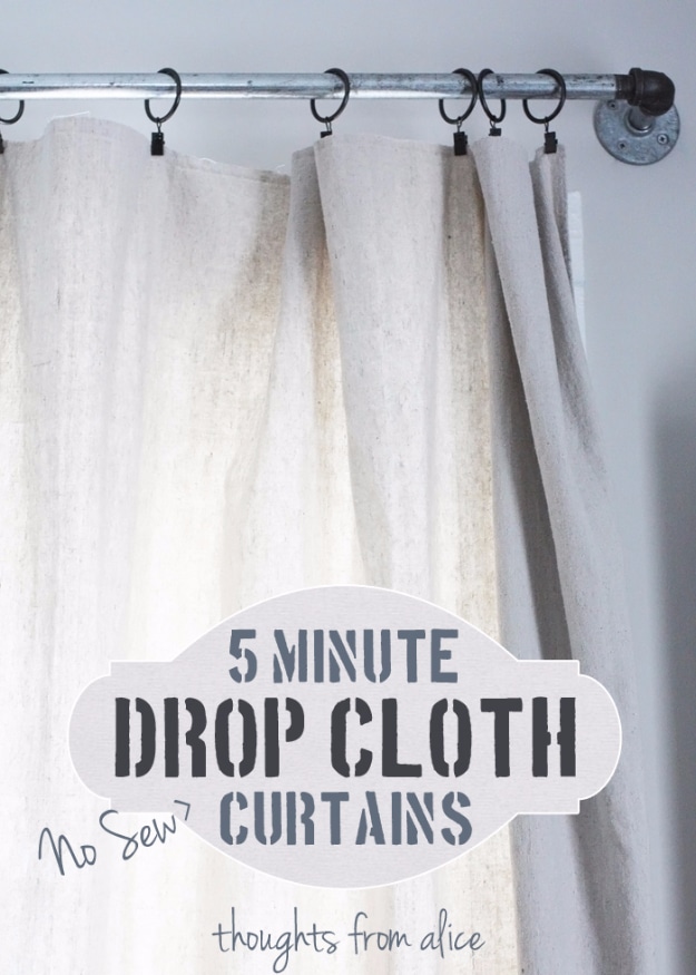 50 DIY Curtains and Drapery Ideas - 5 Minute No Sew Drop Cloth Curtains - Easy No Sew Ideas and Step by Step Tutorials for Drapes and Curtain Ideas - Cheap and Creative Projects for Bedroom, Living Room, Kitchen, Kids and Teen Rooms - Simple Draperies for Fabric, Made Out of Sheets, Blackout Curtains and Valances #sewing #diydecor #drapes #decoratingideas
