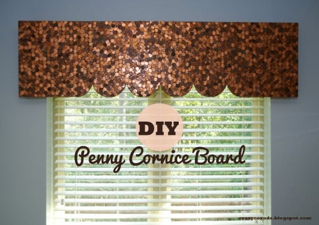 Cool DIYs Made With Money, Dollar Bills and Coins - DIY Penny Cornice Board Window Treatment - Walls, Floors, DIY Penny Table. Art With Pennies, Walls and Furniture Make With Money, Dollar Bills and Coins. Cool, Creative Tutorials, Home Decor and DIY Projects Made With Cash 