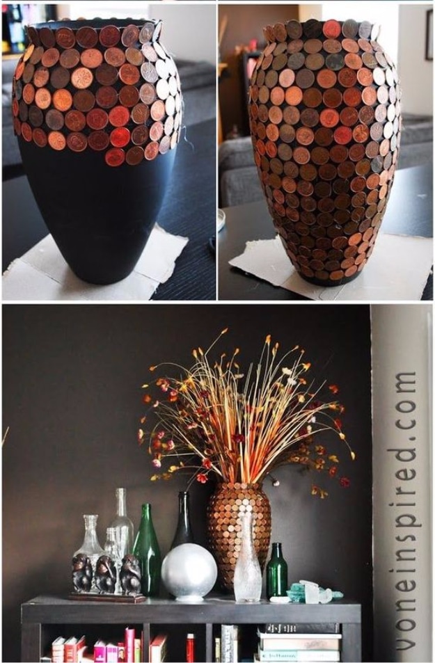 Cool DIYs Made With Money, Dollar Bills and Coins - DIY Penny Vase - Walls, Floors, DIY Penny Table. Art With Pennies, Walls and Furniture Make With Money, Dollar Bills and Coins. Cool, Creative Tutorials, Home Decor and DIY Projects Made With Cash 
