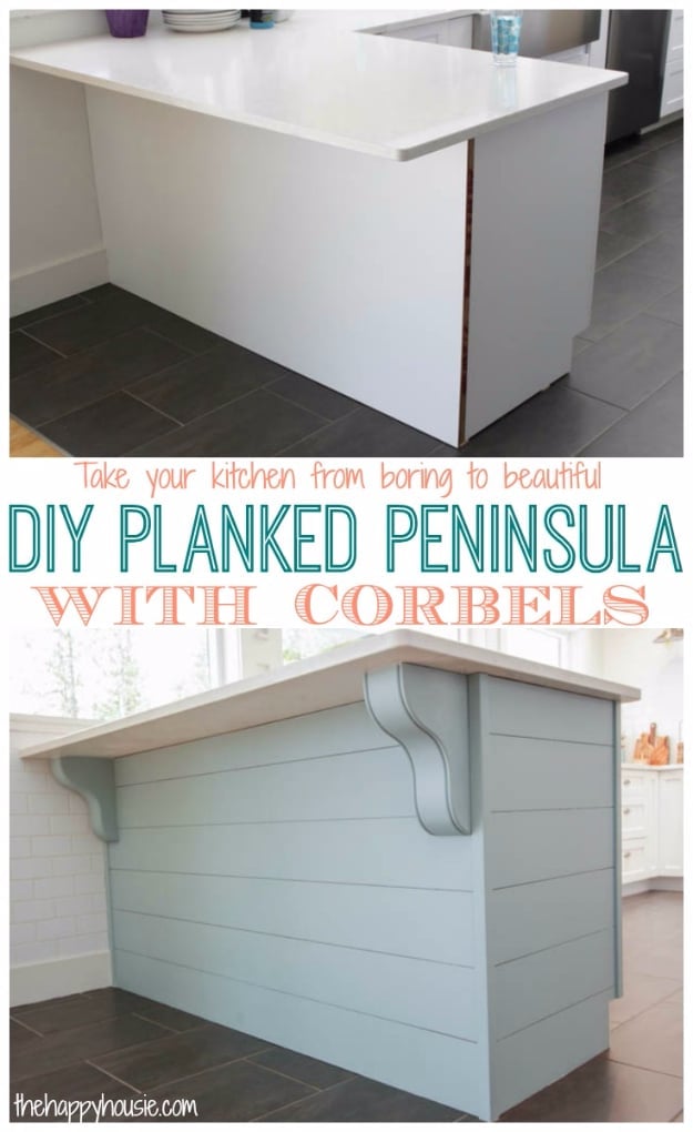 DIY Kitchen Makeover Ideas - DIY Planked Peninsula With Corbels - Cheap Projects Projects You Can Make On A Budget - Cabinets, Counter Tops, Paint Tutorials, Islands and Faux Granite. Tutorials and Step by Step Instructions 