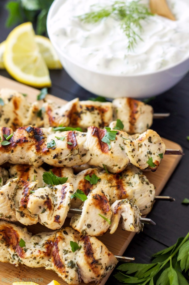 Best Recipes for a Backyard Barbecue - Greek Lemon Chicken Skewers With Tzatziki Sauce - Best Cheap, Easy and Quick Recipes Ideas for Awesome Cookouts. Outdoor BBQ and Party Foods You Can Make for A Crowd 
