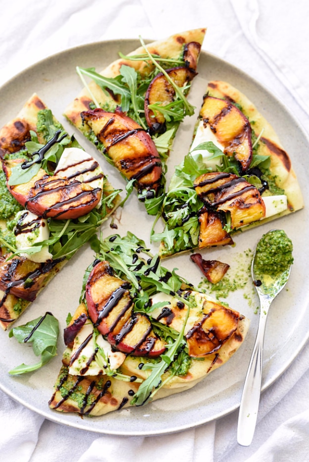 Best Recipes for a Backyard Barbecue - Grilled Flatbread With Peaches And Arugula Pesto - Best Cheap, Easy and Quick Recipes Ideas for Awesome Cookouts. Outdoor BBQ and Party Foods You Can Make for A Crowd 