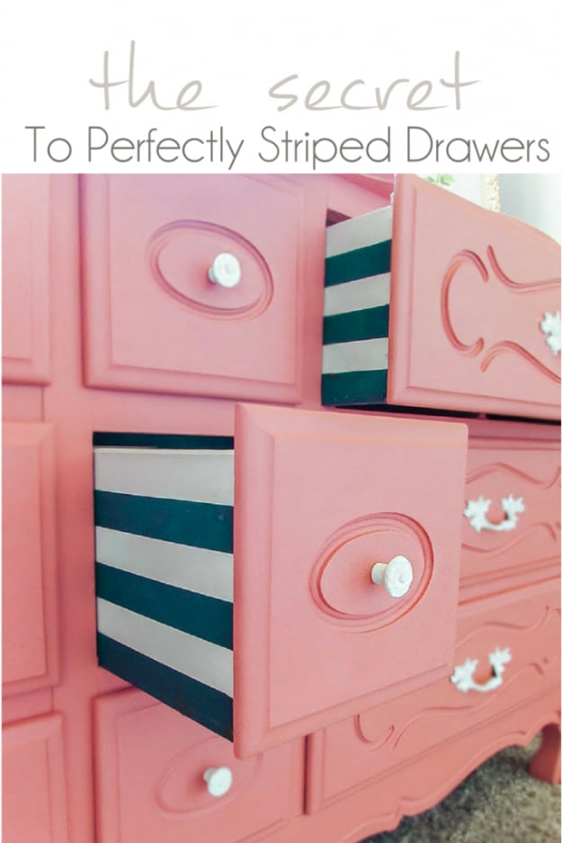 DIY Furniture Refinishing Tips - Perfectly Striped Drawers - Creative Ways to Redo Furniture With Paint and DIY Project Techniques - Awesome Dressers, Kitchen Cabinets, Tables and Beds - Rustic and Distressed Looks Made Easy With Step by Step Tutorials - How To Make Creative Home Decor On A Budget 