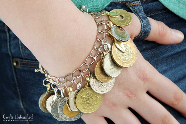 Cool DIYs Made With Money, Dollar Bills and Coins - Repurposed Foreign Coin DIY Charm Bracelet - Walls, Floors, DIY Penny Table. Art With Pennies, Walls and Furniture Make With Money, Dollar Bills and Coins. Cool, Creative Tutorials, Home Decor and DIY Projects Made With Cash 