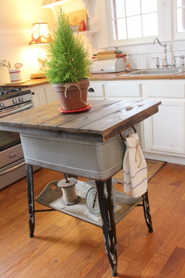 DIY Kitchen Makeover Ideas - Repurposed Wash Tub To Kitchen Island - Cheap Projects Projects You Can Make On A Budget - Cabinets, Counter Tops, Paint Tutorials, Islands and Faux Granite. Tutorials and Step by Step Instructions 