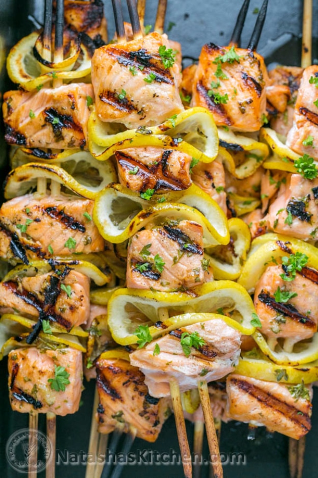 Best Recipes for a Backyard Barbecue - Seared Salmon Skewers With Garlic And Dijon - Best Cheap, Easy and Quick Recipes Ideas for Awesome Cookouts. Outdoor BBQ and Party Foods You Can Make for A Crowd 
