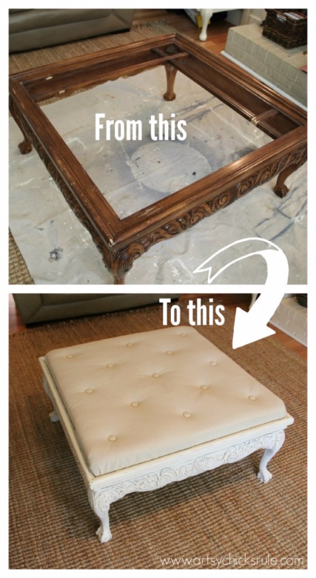 DIY Furniture Refinishing Tips - Thrift Store Coffee Table Turned Tufted Ottoman DIY - Creative Ways to Redo Furniture With Paint and DIY Project Techniques - Awesome Dressers, Kitchen Cabinets, Tables and Beds - Rustic and Distressed Looks Made Easy With Step by Step Tutorials - How To Make Creative Home Decor On A Budget 