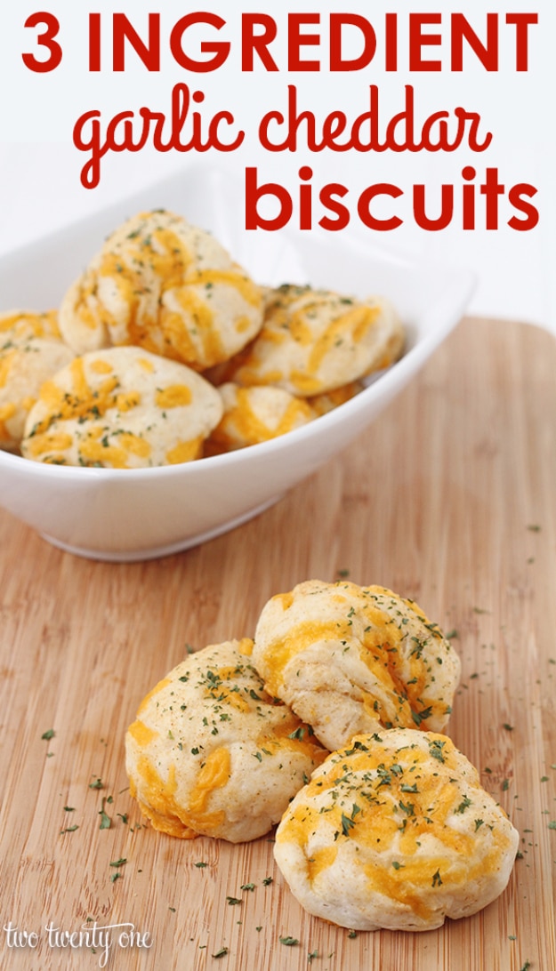 33 Easy Three Ingredient Recipes - 3 Ingredient Garlic Cheddar Biscuits - Quick And Healthy 3 Ingredients Recipe Ideas for Breakfast, Lunch, Dinner, Appetizers, Snacks and Desserts - Cookies, Chicken, Crockpot Ideas, Baking and Microwave Recipes and Tutorials #easyrecipes #quickrecipes