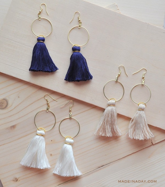  Easy DIY Projects - DIY Hoop Tassel Earrings - Easy DIY Crafts and Projects - Simple Craft Ideas for Beginners, Cool Crafts To Make and Sell, Simple Home Decor, Fast DIY Gifts, Cheap and Quick Project Tutorials #diy #crafts #easycrafts