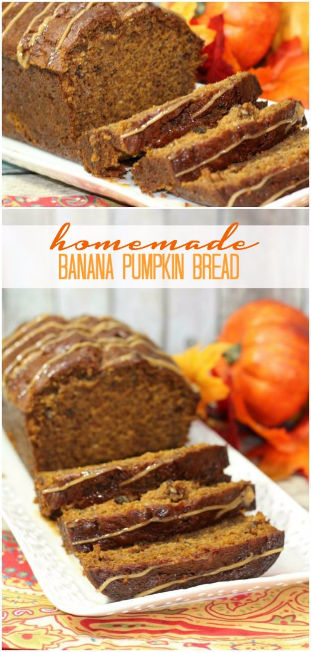 35 Fall Recipes - Homemade Banana Pumpkin Bread - Best Quick And Easy Fall Recipe Ideas and Healthy Dishes You Can Make For Dinner, Soup, Appetizers, Crockpot and Slow Cooker Snacks and Drinks, Even Dessert 