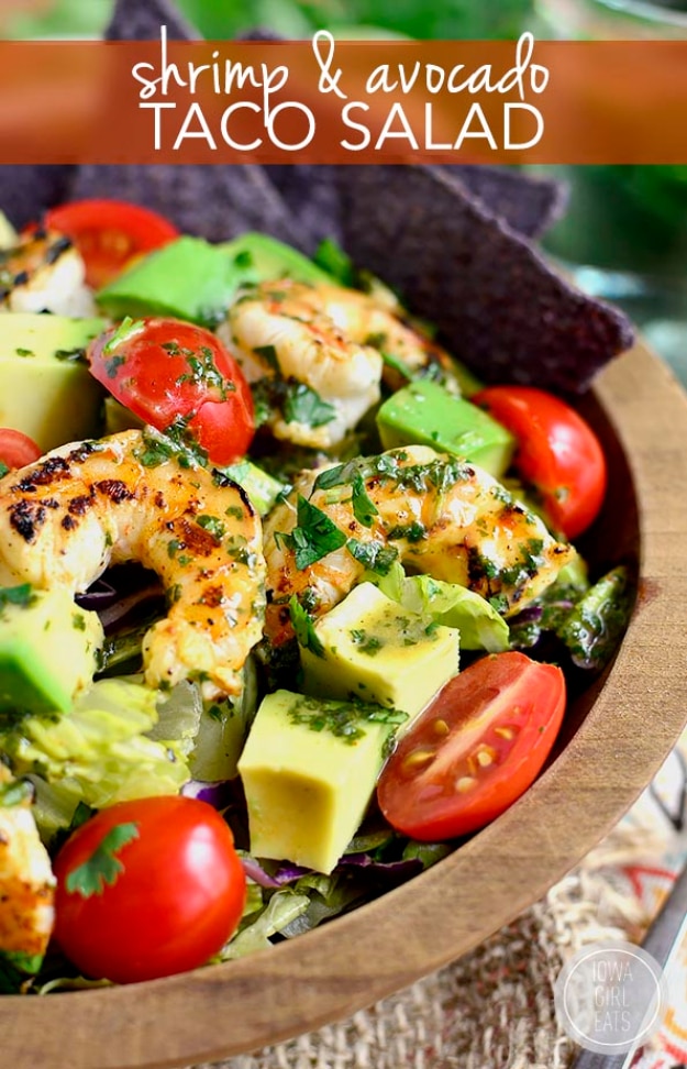 33 Easy Recipes for Back To School -Shrimp And Avocado Taco Salad- Quick and Delicious Recipe Ideas for Kids and Adults. Pack for School Lunches, Make Ahead for Work, Freeze and Store for Early Morning Breakfasts, Super Lunch Meals, Simple Snacks and Dinner